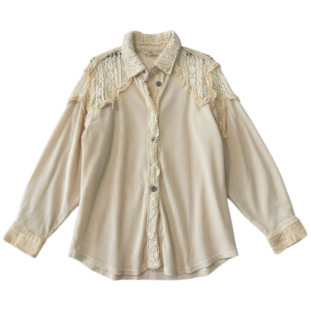 POL Ivory Lace Patchwork Button Up Shacket Size L… - image 5